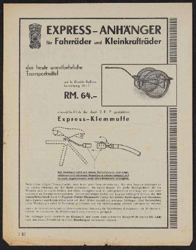 Express Anh nger F r Fahrr der Und Kleinkraftr der Werbeblatt 1935 